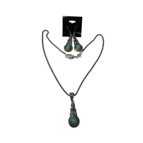 Western Blue Turquoise Dangle Pendant Chain Necklace Hook Earring Jewelry Set - Picture 2 of 7